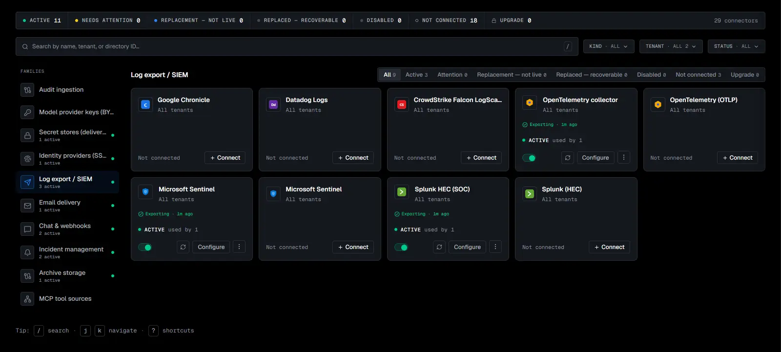 Provider integrations, Log export / SIEM family with every status shown: Splunk, Microsoft Sentinel and OpenTelemetry exporting, and Google Chronicle, Datadog, CrowdStrike and others ready to connect.